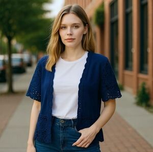 Denim & Co Lacy Trimmed Knit Shrug Sweater In Royal Blue L